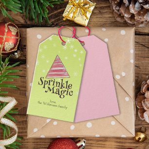 Etiqueta Para Presente Festivo Mínimo Natal Elf Hat Red Strips Rosa