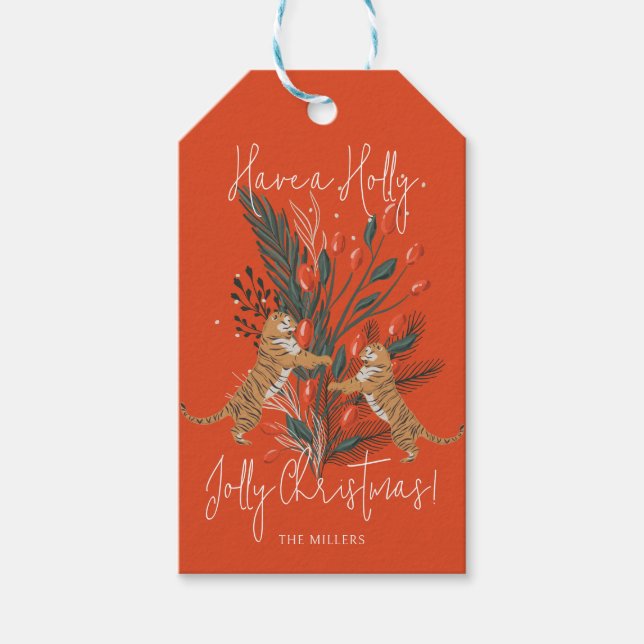 Etiqueta Para Presente Filiação de Natal e Tigres Holly Jolly Natal (Frente)