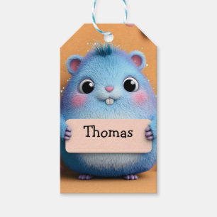 Etiqueta Para Presente Fixe Fluffy Blue Hamster Segurando um Sinal com No