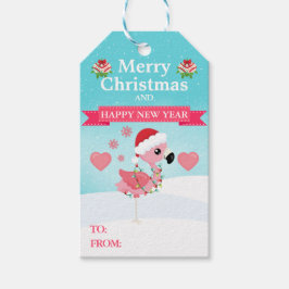 Etiqueta Para Presente Flamingo de Natal Rosa e Vermelho de Inverno
