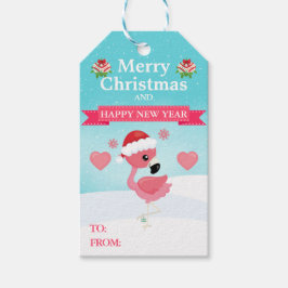 Etiqueta Para Presente Flamingo de Natal Rosa e Vermelho de Inverno