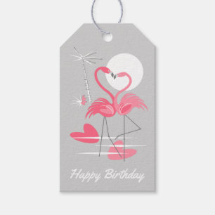 Etiqueta Para Presente Flamingo Love Happy Birthday cinza de trás