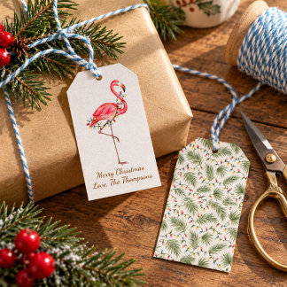 Etiqueta Para Presente Flamingo Rosa em Aquarela Natal Personalizado