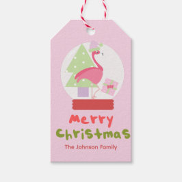 Etiqueta Para Presente Flamingo Rosa Família de Natal Bonito Globo de Nev