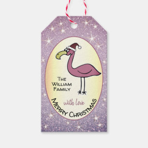 Etiqueta Para Presente Flamingo X-Mas, Hilário, Brilhante Roxo Dourado