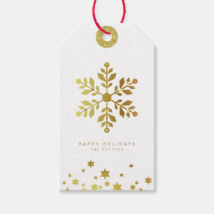 Etiqueta Para Presente Floco de neve Divertido Natal Branco e Dourado M