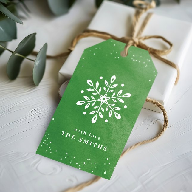Etiqueta Para Presente Floco de neve em aquarela artística verde Natal (Artistic Watercolor Snowflake green Christmas Gift Tags)