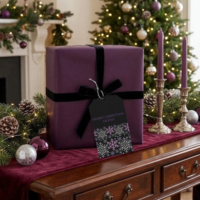 Etiqueta Para Presente Floco de Neve Natal Roxo Prata (Criador carregado)