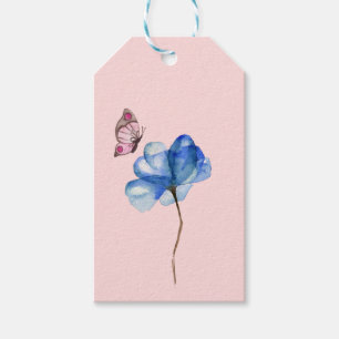 Etiqueta Para Presente Flor Azul Aquarela c/ Borboleta Rosa e Marrom