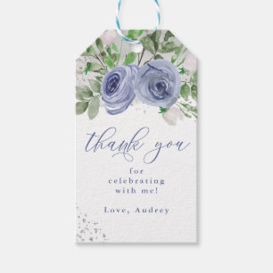 Etiqueta Para Presente Floral Azul e Prateado, Obrigado, Desafio.