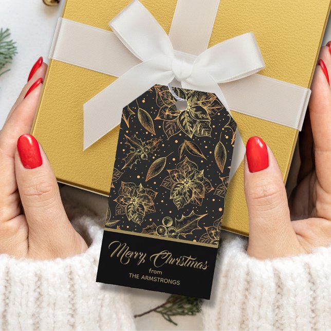 Etiqueta Para Presente Floral de Natal Dourado e Preto (Gold poinsettias, holly and berries on black Christmas favor gift tags)