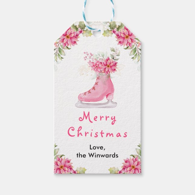 Etiqueta Para Presente Floral Ice Skate Pink Merry Christmas (Frente)