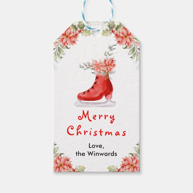 Etiqueta Para Presente Floral Ice Skate Red Merry Christmas (Frente)