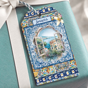 Etiqueta Para Presente floral italiano de verão azulejos azuis monograma