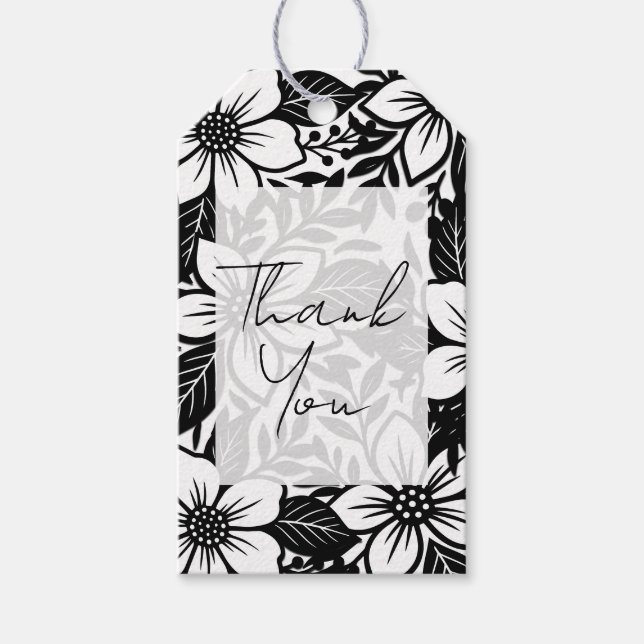 Etiqueta Para Presente Floral Preto e Branco Ousado em Flor (Frente)