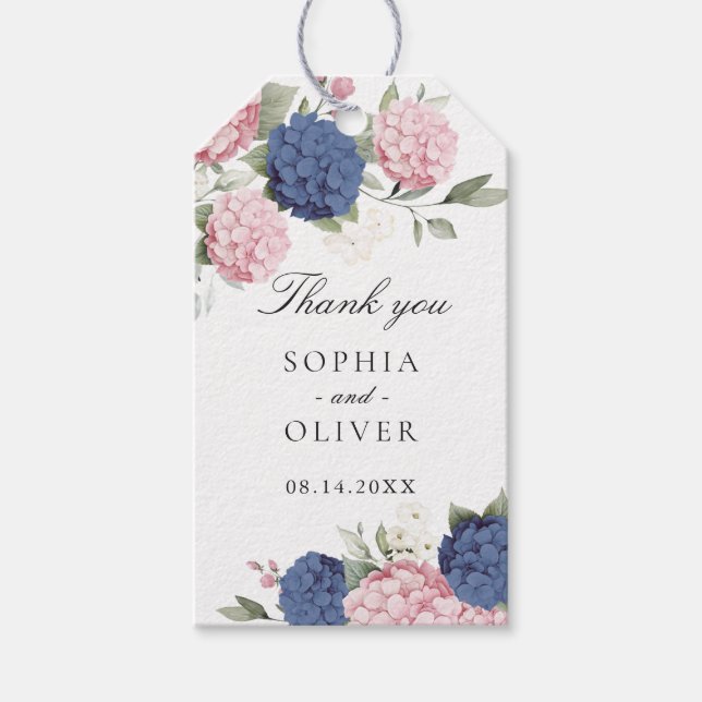 Etiqueta Para Presente Floral Rosa & Azul Hydrangea Casamento Obrigado (Frente)