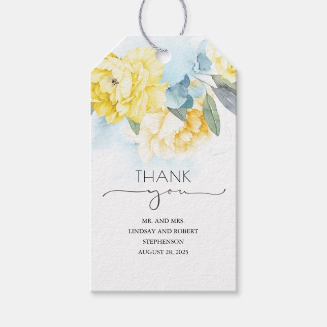 Etiqueta Para Presente Flores Amarelas - Azul Elegante - Obrigado (Frente)