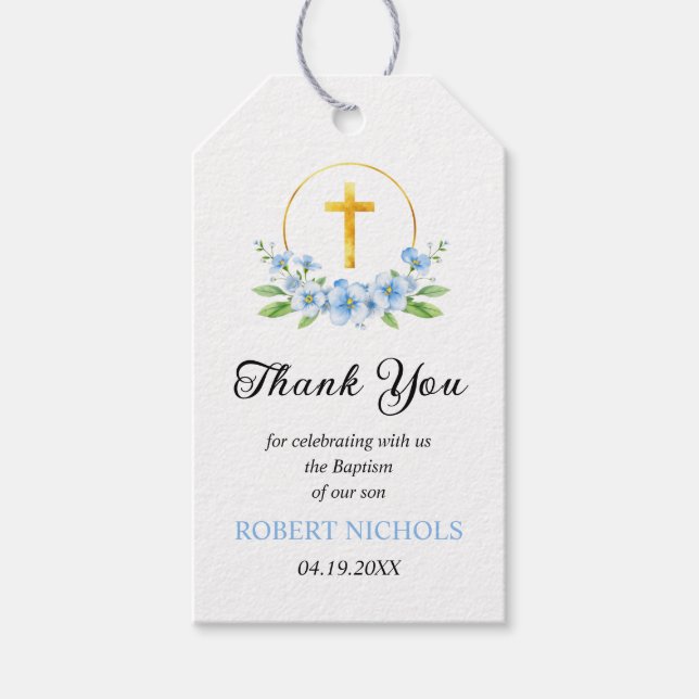 Etiqueta Para Presente Flores azuis e batismo dourado Obrigado (Frente)