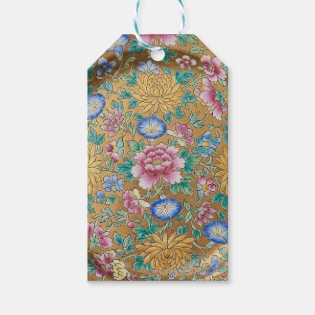 Etiqueta Para Presente Flores Chinoiserie Millefleur Dourado  (Frente)