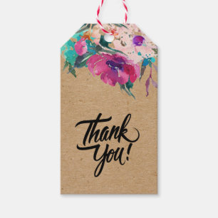 Etiqueta Para Presente Flores cor-de-água rosa feitas à mão no papel Kraf