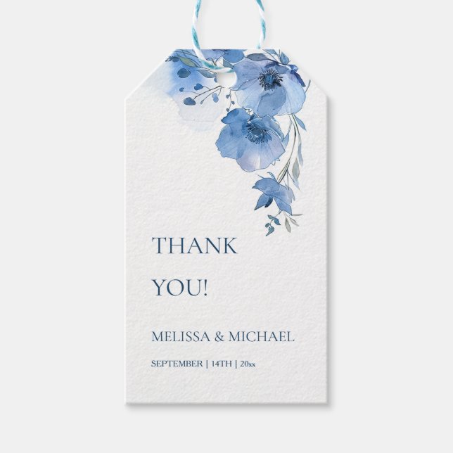 Etiqueta Para Presente Flores de Aquarela Azul Casamento Agradecimento (Frente)
