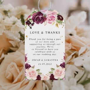 Etiqueta Para Presente Flores de Aquarela Moody & Rustic Burgundy e Folha