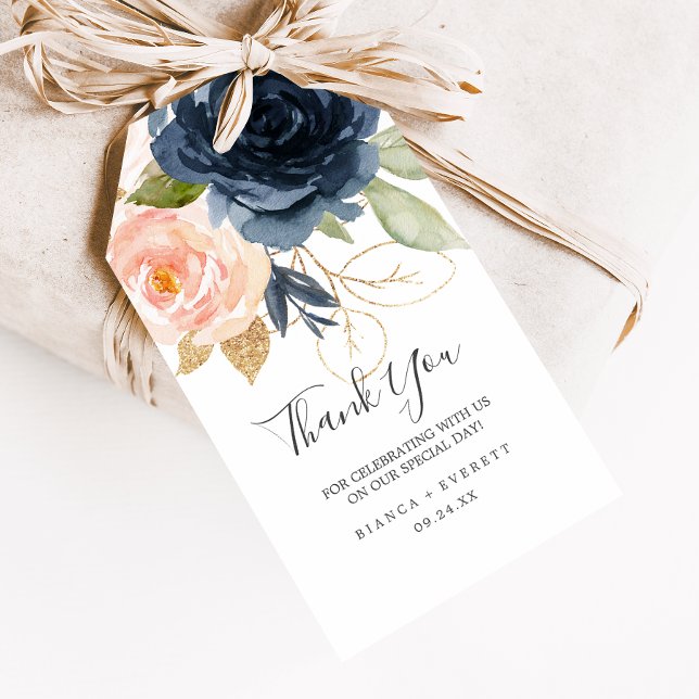Etiqueta Para Presente Flores de Blush e Marinho | White Obrigado Favor (Criador carregado)