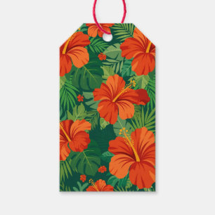 Etiqueta Para Presente Flores de Hibisco Vermelho Laranja Verde Folhagem 
