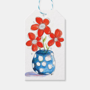 Etiqueta Para Presente Flores de Laranja Whimsical em Vaso Azul