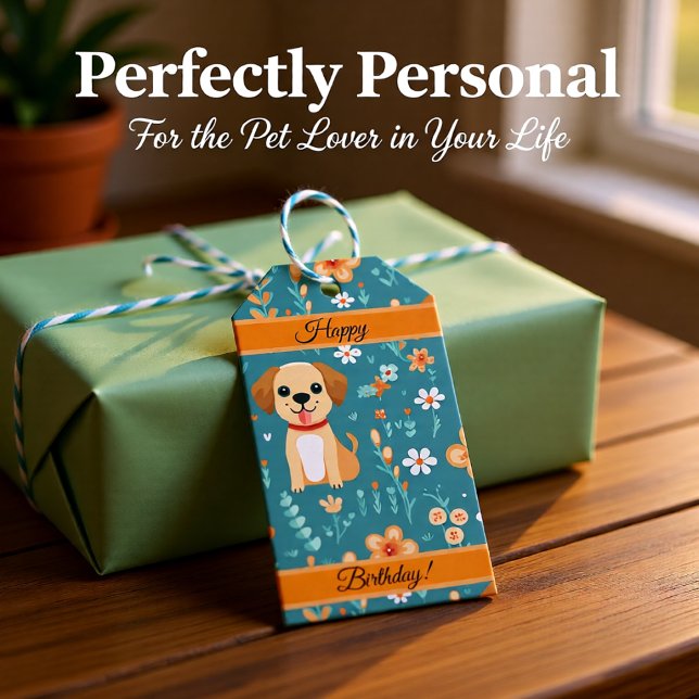 Etiqueta Para Presente Flores de Pompa Laranja Cuta, personalizadas (Cute Orange Puppy & Floral Birthday Gift Tags)