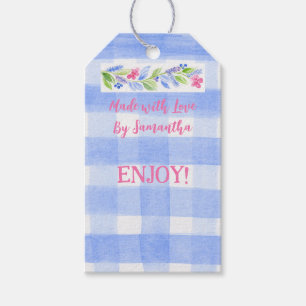 Etiqueta Para Presente Flores de Xadrez com Marca Azul FEITAS COM AMOR