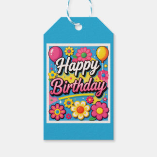 Etiqueta Para Presente Flores e Balões de Aniversário Feliz Azul Brilhant