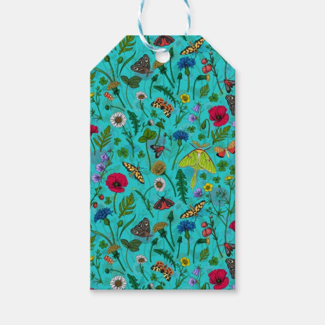 Etiqueta Para Presente Flores e mariposas selvagens em teal (Frente)
