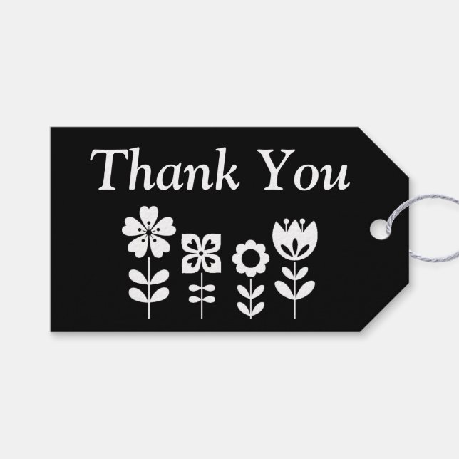 Etiqueta Para Presente Flores Pretas e Brancas Personalizadas Obrigado (Frente (horizontal))