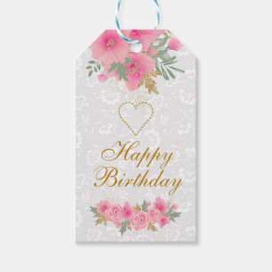 Etiqueta Para Presente Flores Rosa Aquarela Folha Dourada Feliz Aniversár