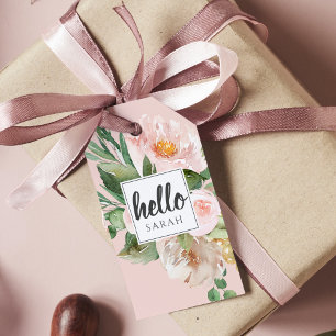 Etiqueta Para Presente Flores Rosa Cor d'Água Moderna & Nome & Olá