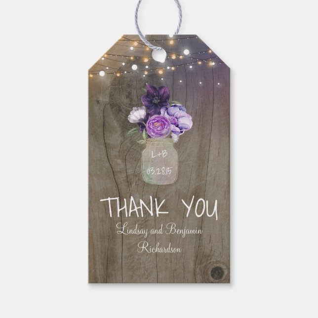 Etiqueta Para Presente Flores Roxas Madeira Rústica Mason Jar (Frente)