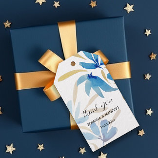 Etiqueta Para Presente Flores Selvagens Azul Claro e Dourado Arte em Aqua