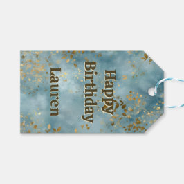 Etiqueta Para Presente Folhas Douradas Fundo Azul-Verde Feliz Aniversário