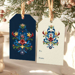 Etiqueta Para Presente Folhas escandinavas Arte Azul Vermelha Rosemaling