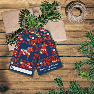 Etiqueta Para Presente Folk Art Red Dala Horse Feliz Natal