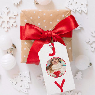 Etiqueta Para Presente Foto da alegria de Natal, minimalista vermelho-bra
