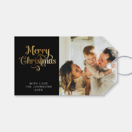 Etiqueta Para Presente Foto da família de Natal Dourada e Preta