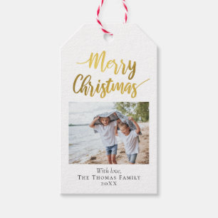 Etiqueta Para Presente Foto da família de Natal Elegante e Moderna Gold