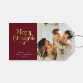 Etiqueta Para Presente Foto da Família Feliz e Dourada Feliz Natal