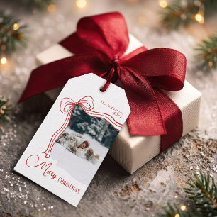 Etiqueta Para Presente Foto de Família de Natal com Laço Vermelho Elegant