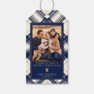 Etiqueta Para Presente Foto de Família Feliz Natal em Xadrez Azul Marinho