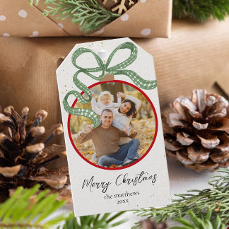Etiqueta Para Presente Foto de Natal com Fita Verde Elegante