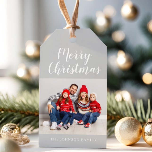 Etiqueta Para Presente Foto de Natal com Letra Cinza Elegante (Modern Christmas Photo Gift Tags)