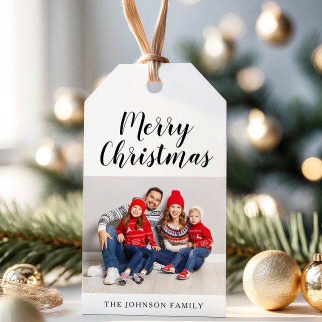 Etiqueta Para Presente Foto de Natal com Letra Elegante (Elegant Script Christmas Photo Gift Tags)